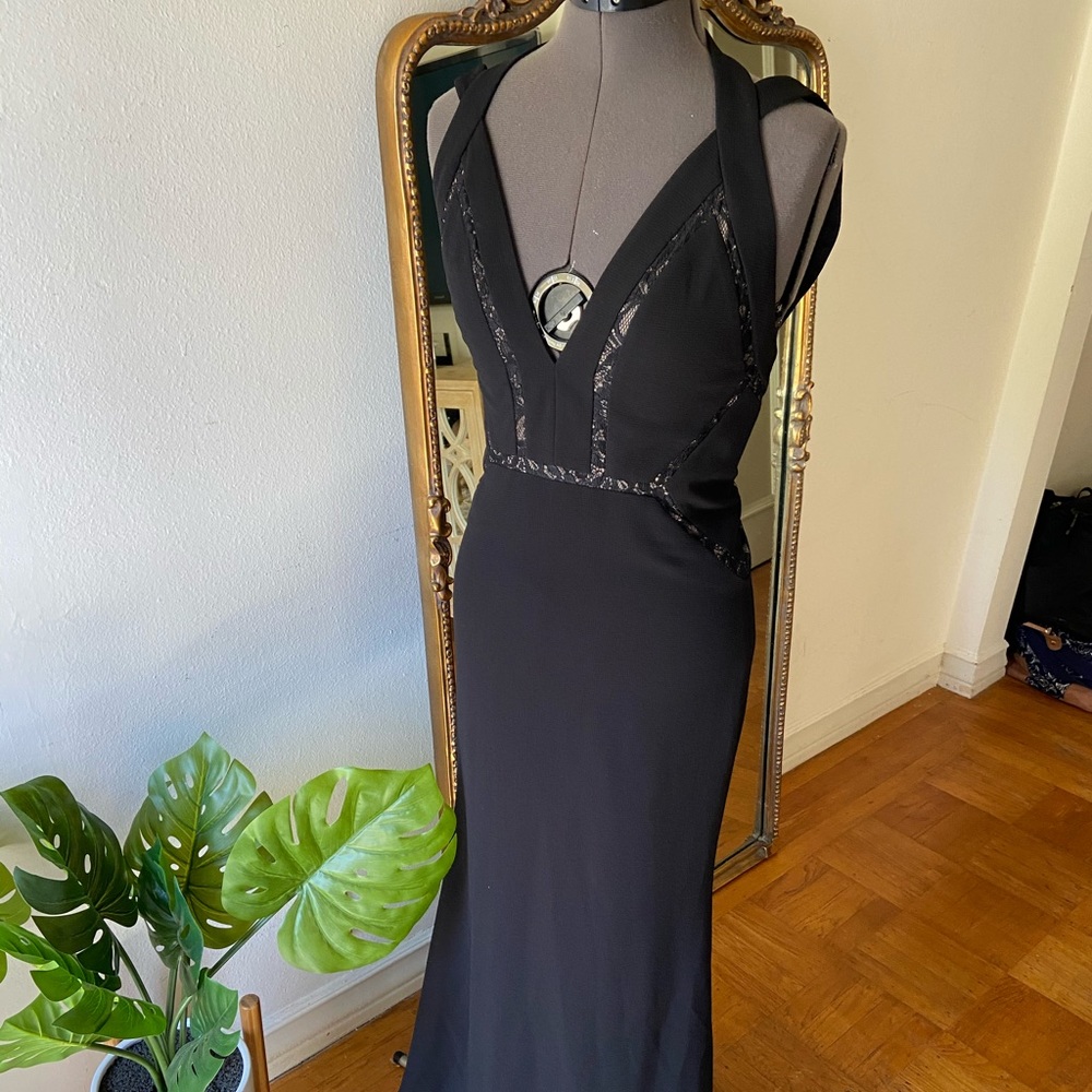 BCBG black evening gown with lace detail.